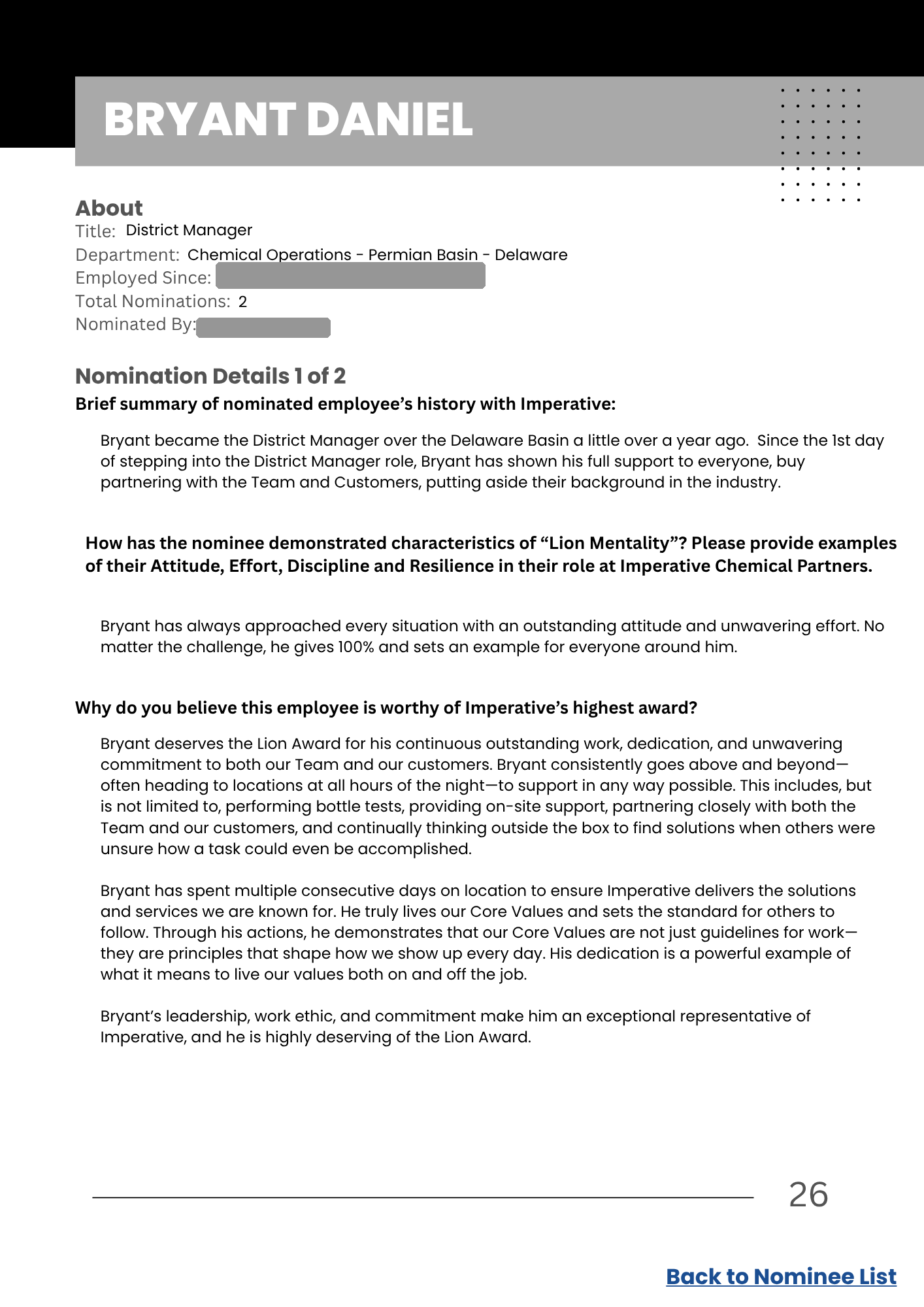 A nominee profile page, personal details redacted