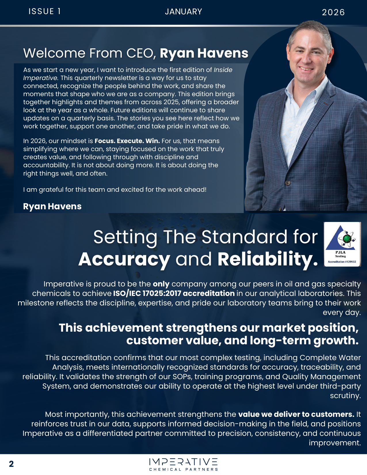 CEO welcome letter and ISO accreditation feature